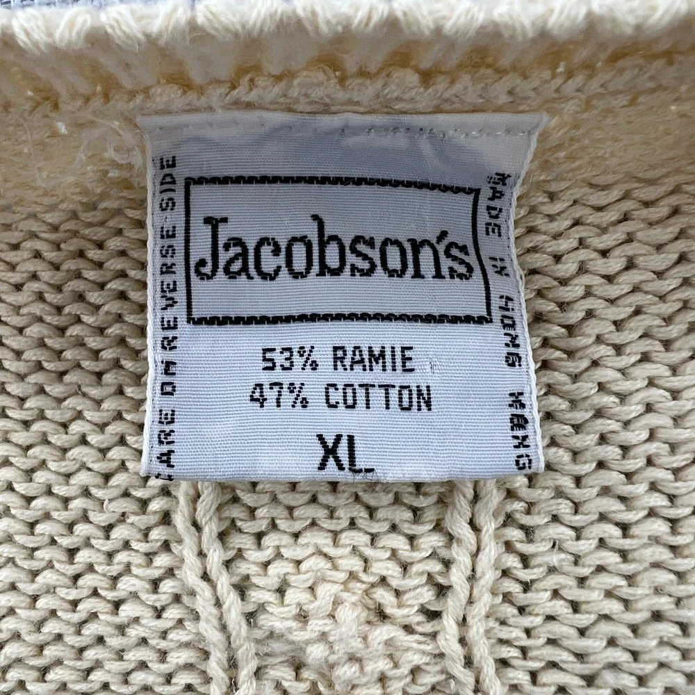 Vintage 90s Jacobson's Cream Cable Knit V-Neck Sweater Vest Ramie Cotton Grandpa